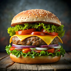 Juicy cheeseburger with fresh toppings on a rustic wooden surface