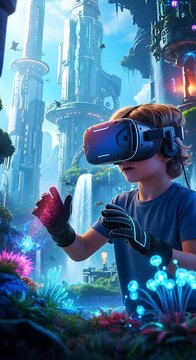 A child wearing VR headset explores a futuristic, glowing ecosystem.