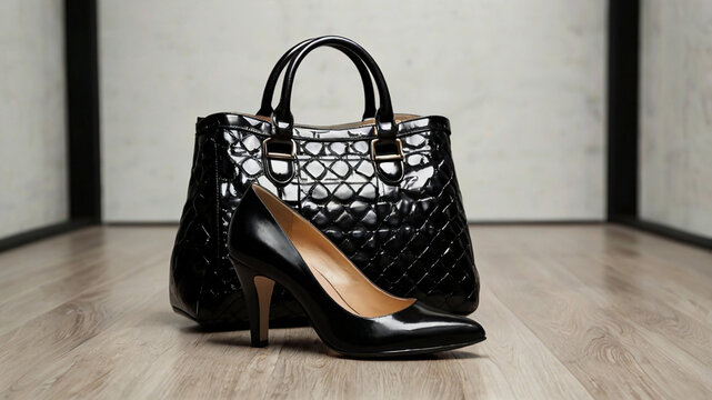 An elegant black leather handbag with gold hardware lies next to a pair of black high heels