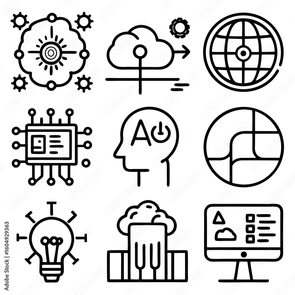 Poster collection of modern technology and innovation icons representing artificial intelligence cloud comp