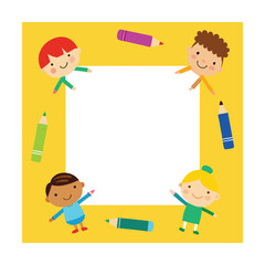 Kids Drawing with Crayons Around Blank Paper Frame