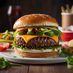 Juicy cheeseburger with fresh toppings and side salad on a white plate