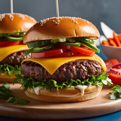 Delicious double cheeseburger with fresh toppings and fries on the side