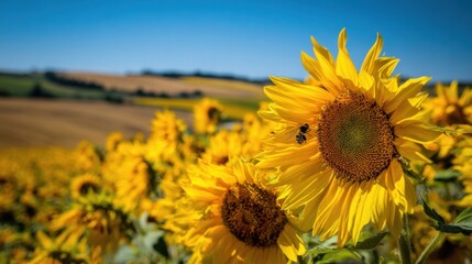 Obraz premium The Sunflower Field Buzzing with Bees on a Bright Summer Day