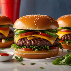Juicy cheeseburger with fresh toppings and ketchup