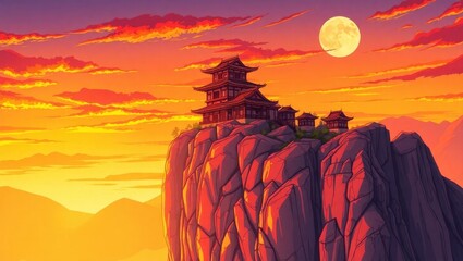 chinese kul on top of mountain with sunset
