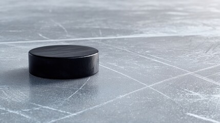 The solitary black hockey puck resting on an ice rink surface.