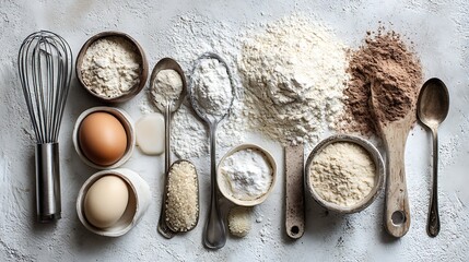 A collection of baking ingredients and tools arranged artfully on a textured surface for a culinary presentation