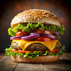 Juicy gourmet burger with fresh toppings on a rustic wooden surface