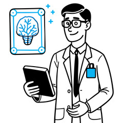 Smiling doctor holding a tablet and looking at a brain x ray with blue accents