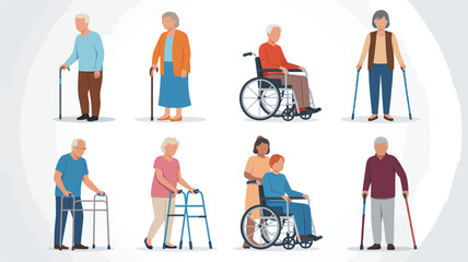 Diverse elderly people using mobility aids for independence and support