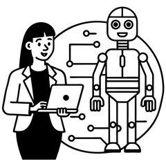 Woman engineer working on a robot using a laptop with circuit board connections in the background