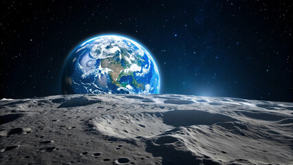 Earth seen from the Moon surface with craters and stars in the background space planet