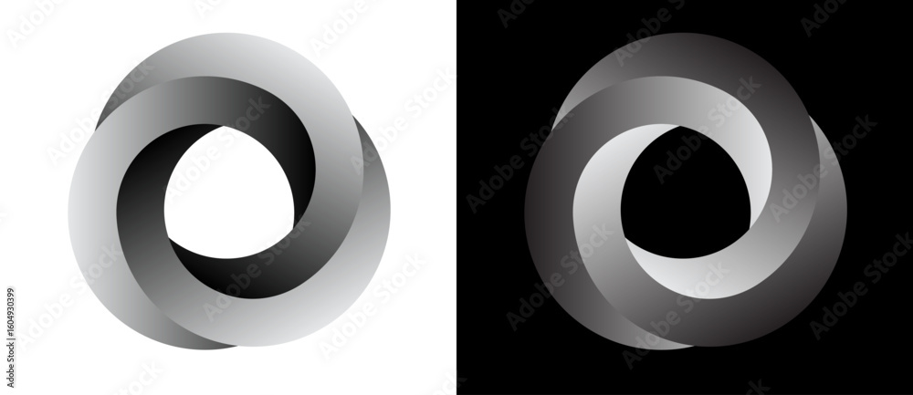 Poster set of circles with lines with gradient. one spiral on white background and negative spiral on black
