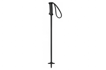 Black ski pole with attached wrist strap, positioned vertically against clean white background, showcasing sleek sporting equipment design