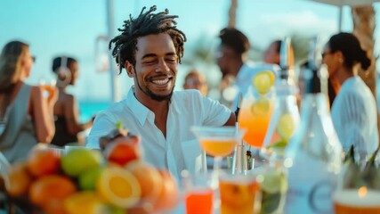 Man enjoying vibrant cocktails at a beachside bar during a lively sunset gathering in a tropical setting - Powered by Adobe