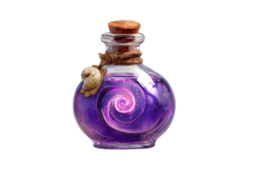 Purple potion in glass bottle, swirling vortex