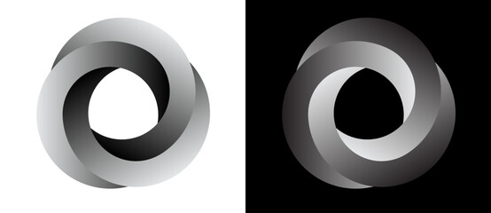 Set of circles with lines with gradient. One spiral on white background and negative spiral on black background. Dynamic design element with 3 parts.