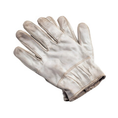 A single worn white leather work glove with visible stitching and dirt marks isolated on transparent background