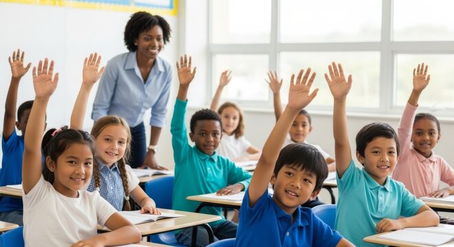 A happy diverse group of elementary school children enthusiastically raise their hands to answer questions in a bright classroom, with their teacher smiling in the background. - Powered by Adobe