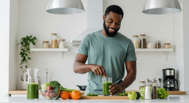 Smiling black man preparing healthy green smoothie with fresh vegetables and fruits. Modern white kitchen with natural ingredients. Wellness, nutrition concept.