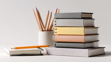 A stack of textured books and pencils in a white holder on a white background