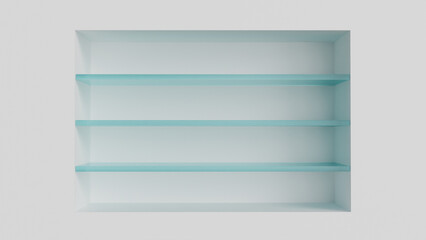 Three glass wall shelves in the interior in a niche on a white background as a template for placing goods, decorative elements, cosmetics or design