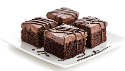 Obraz premium Three pieces of chocolate cake with chocolate drizzle