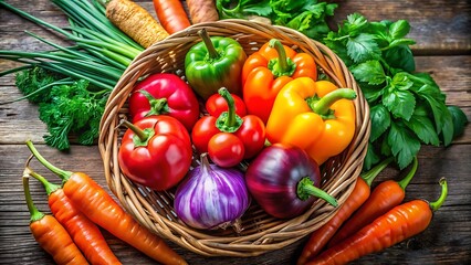 Basket of fresh bell peppers chili peppers onion and carrots