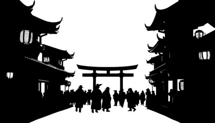 Obraz premium traditional japanese street scene with torii gate and festival crowd silhouette on white background