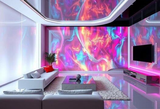 Sleek chrome accents & holographic wall panels in minimalist futuristic living space,  vibrant,  minimalist