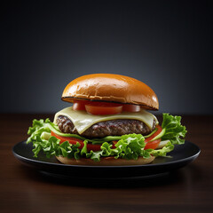 Juicy cheeseburger with fresh lettuce and tomato on a black plate