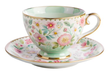 Elegant Mint Green Floral Teacup and Saucer Set; Delicate Watercolor Design; Romantic, Serene Mood.