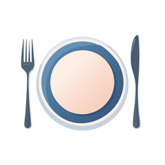 An empty plate, fork, and knife arranged ready for a meal. A simple illustration style presentation, perfect for dining concept
