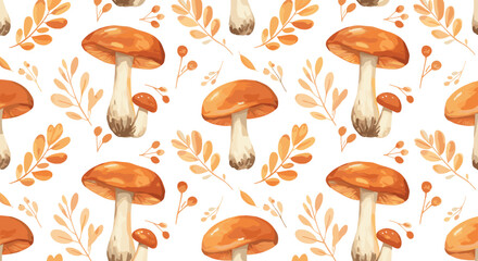 Orange mushrooms with leaves in whimsical watercolor pattern  