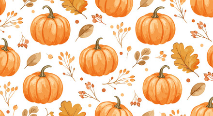 Pumpkin pattern with autumn leaves and flowers on white background  