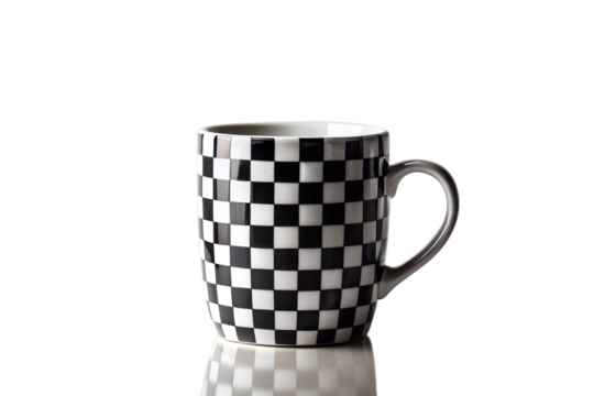 Stylish Black and White Checkered Mug; Modern Kitchenware; Clean Minimalist Design; Studio Shot on Black Background.