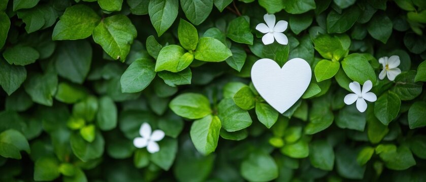 A vibrant backdrop of lush green leaves adorned with delicate white flowers and a heart shape, perfect for themes related to love, nature, or serenity in designs, invitations, or social media,