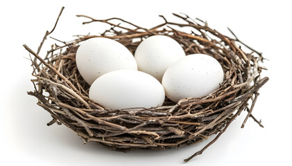 Close up of white eggs lying in bird nest made of twigs isolated on white background