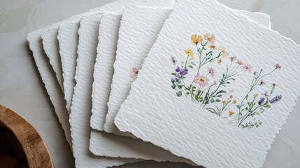 Delicate Watercolor Wildflower Stationery; Hand-painted Floral Design on Textured Paper; Rustic, Elegant, and Romantic Mood.