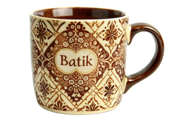 Elegant Brown and Beige Batik Mug;  Intricate Floral Design;  Warm, Cozy Aesthetic;  Isolated on Black.