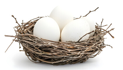 Close up of white eggs lying in bird nest made of twigs isolated on white background