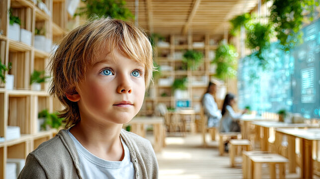 Future Kids – Kinder im Zentrum einer Zukunftsschule mit interaktivem Lernen, digitalen Interfaces und menschlicher Nähe. Bildung neu gedacht mit Technologie, Wärme und visionärer Architektur.
