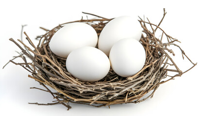 Close up of white eggs lying in bird nest made of twigs isolated on white background