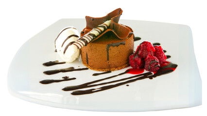 elegant chocolate dessert with raspberries and cream
plated gourmet chocolate cake with syrup drizzle
chocolate and raspberry mousse with artistic swirl