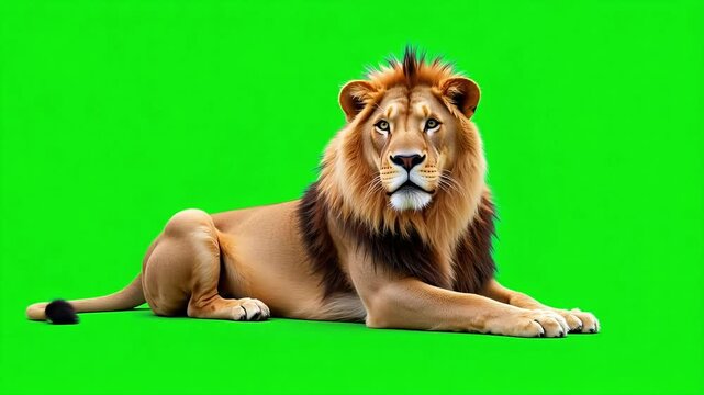 Majestic lion resting regally on green screen, ready for striking wildlife documentary footage