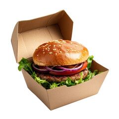 Freshly prepared burger with lettuce, tomato, and onion served in eco-friendly packaging at a casual eatery