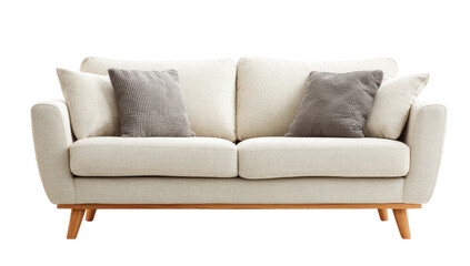 Fototapeta premium Cream-colored sofa with light-wood legs and gray cushions