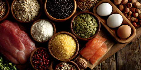 High protein food options for bodybuilders include a variety of sources such as meat, fish, dairy, eggs, buckwheat, oatmeal, nuts, beans, pumpkin seeds, and sunflower seeds--viewed from above.