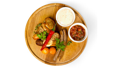 spicy chicken curry with vegetables, grilled sausage and dip platter served on wooden tray
rustic food board with sausage, peppers, and salsa
top view of hearty meal with grilled meats and sauces